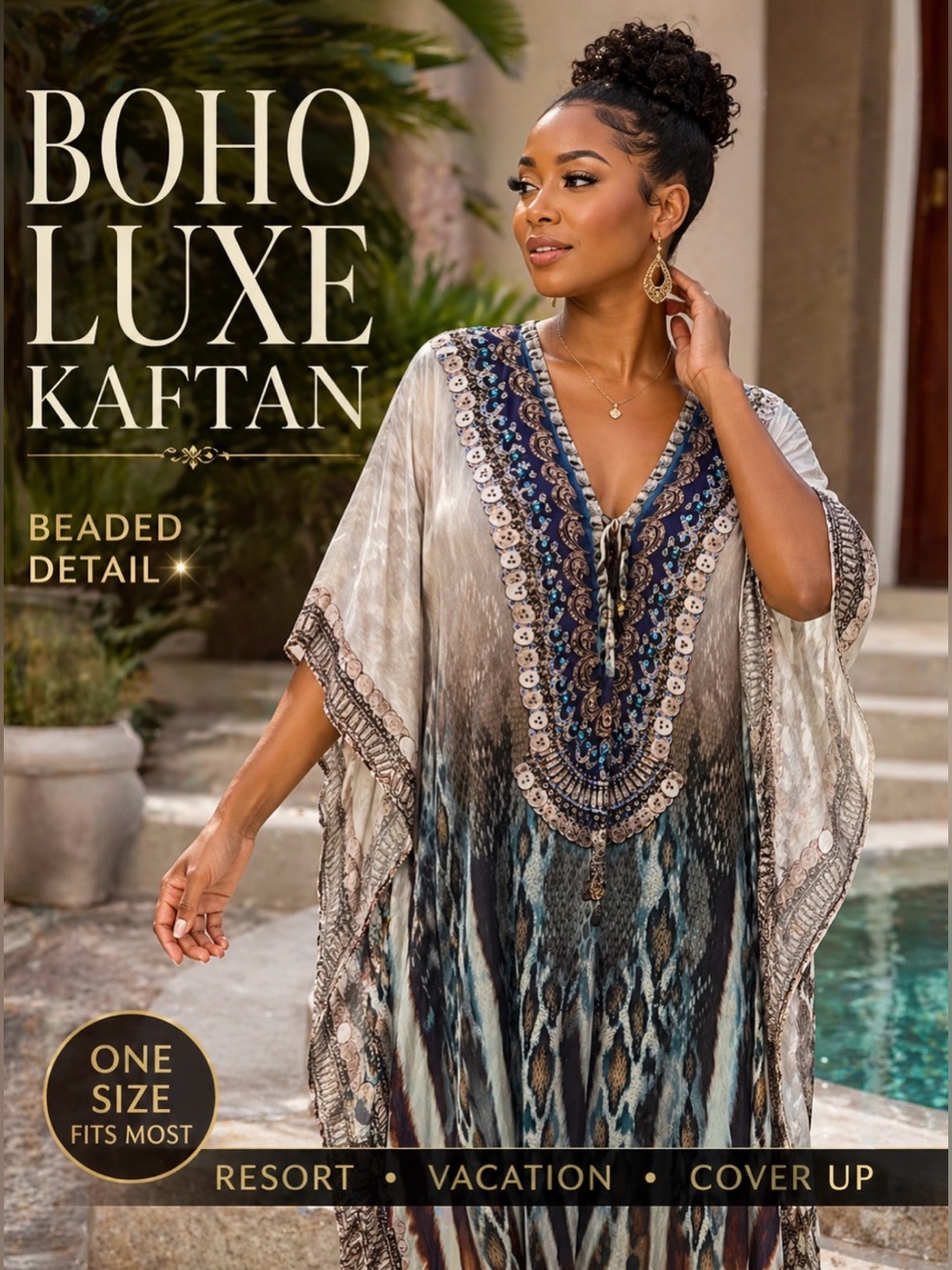 Sakkas Viscose Silk Kaftan Maxi Dress OS Beaded Boho Resort Cover Up